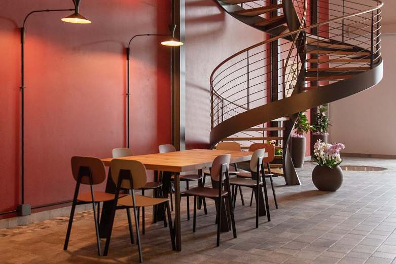Wine venue dining area and spiral staircase