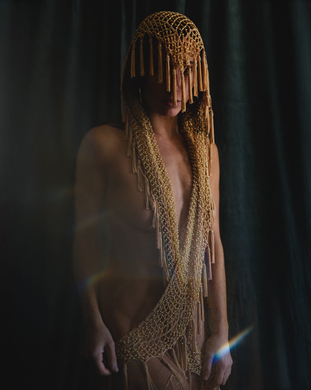 Veil Studies — standing figure with gold beaded veil