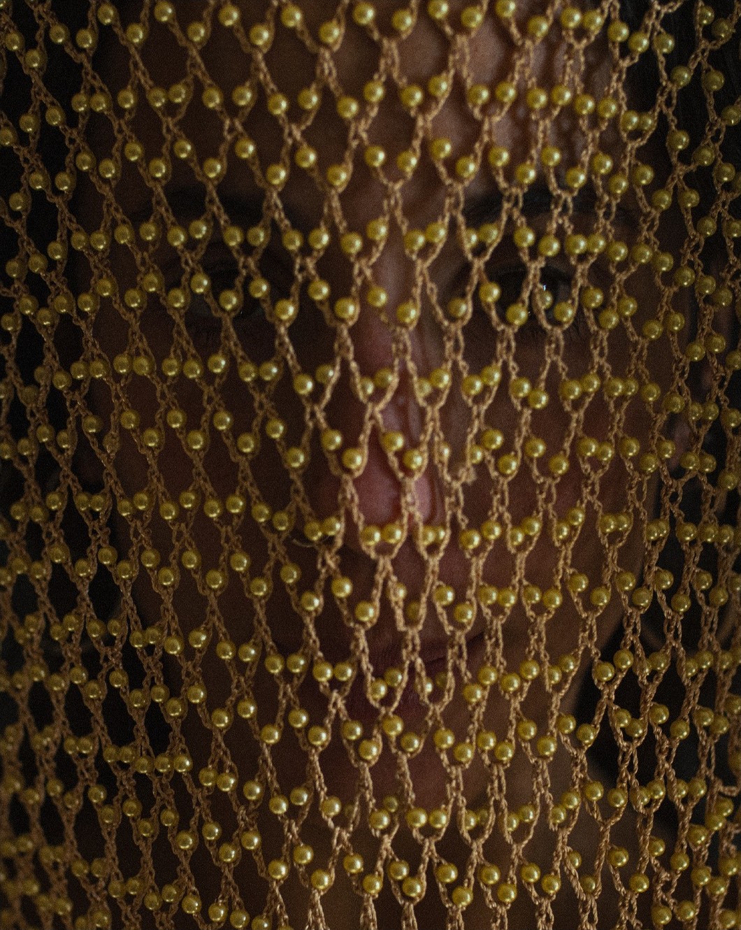Veil Studies — face seen through a beaded veil