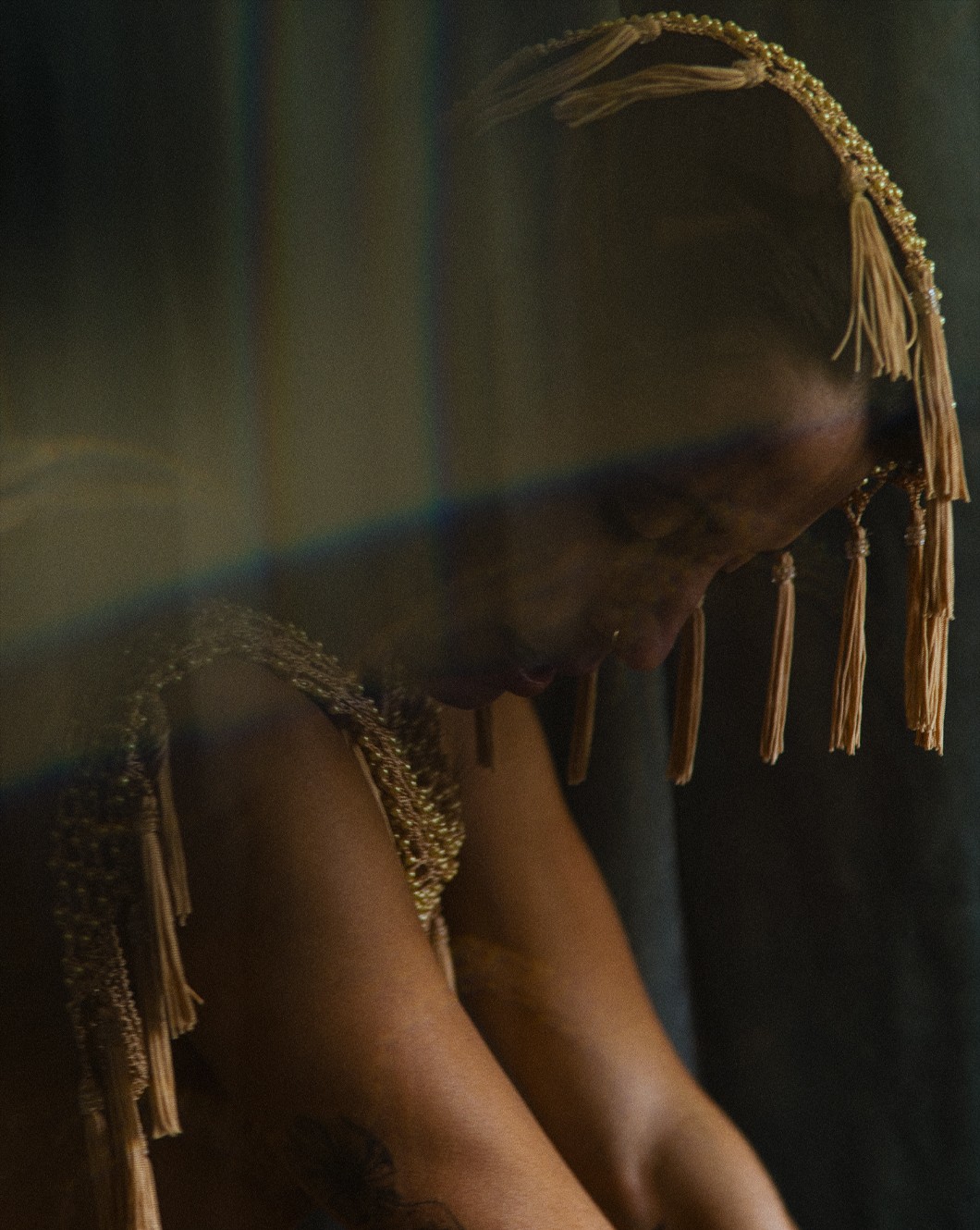 Veil Studies — profile portrait with gold fringe