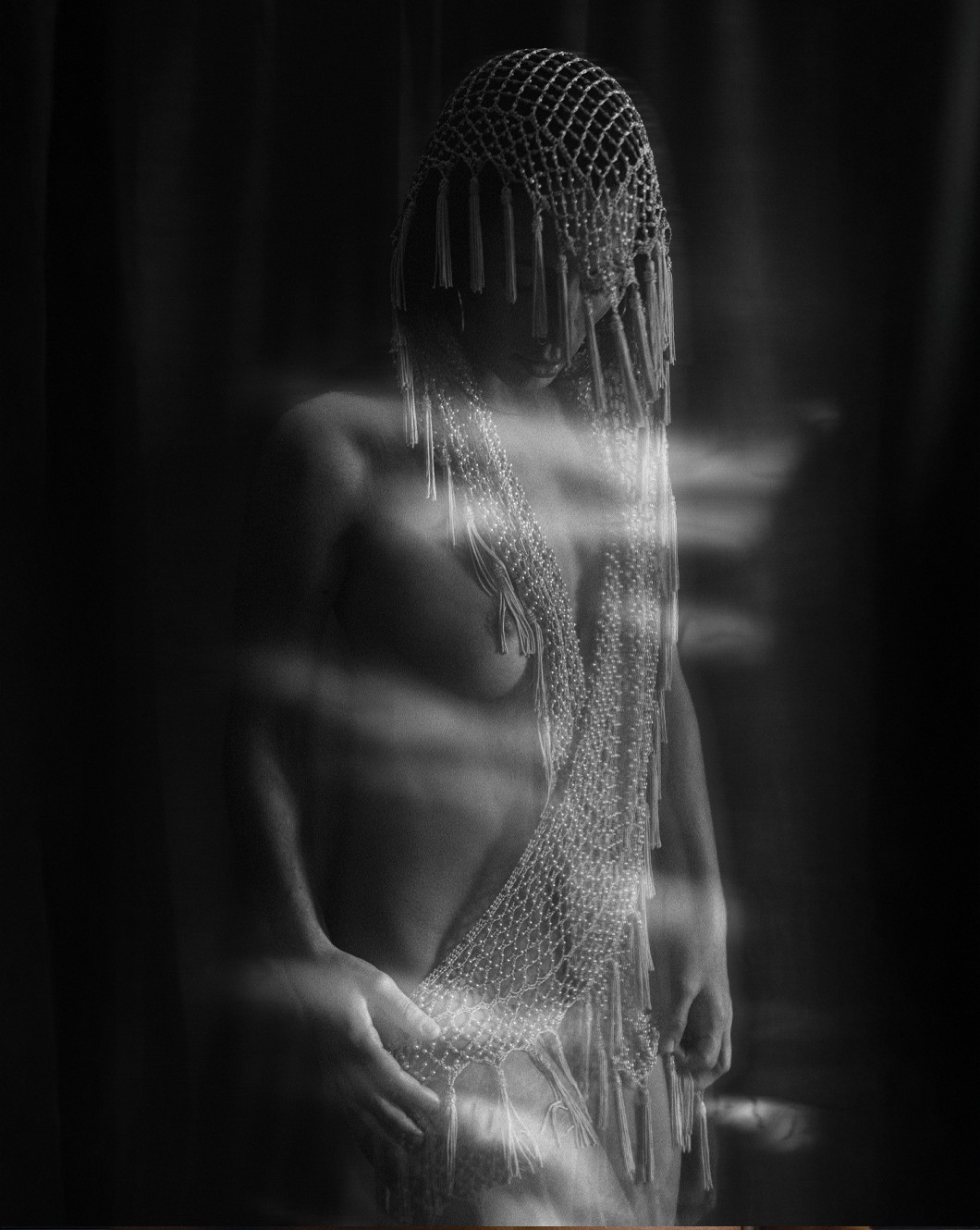 Veil Studies — black and white full figure with beaded veil