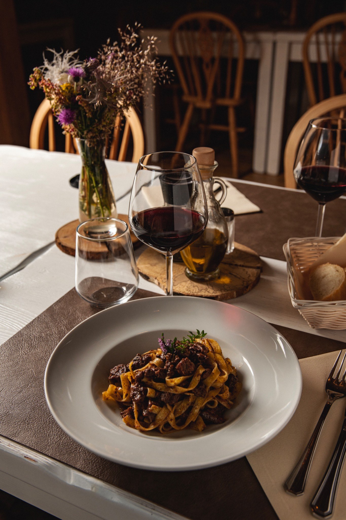Pasta dish and wine at Morareto
