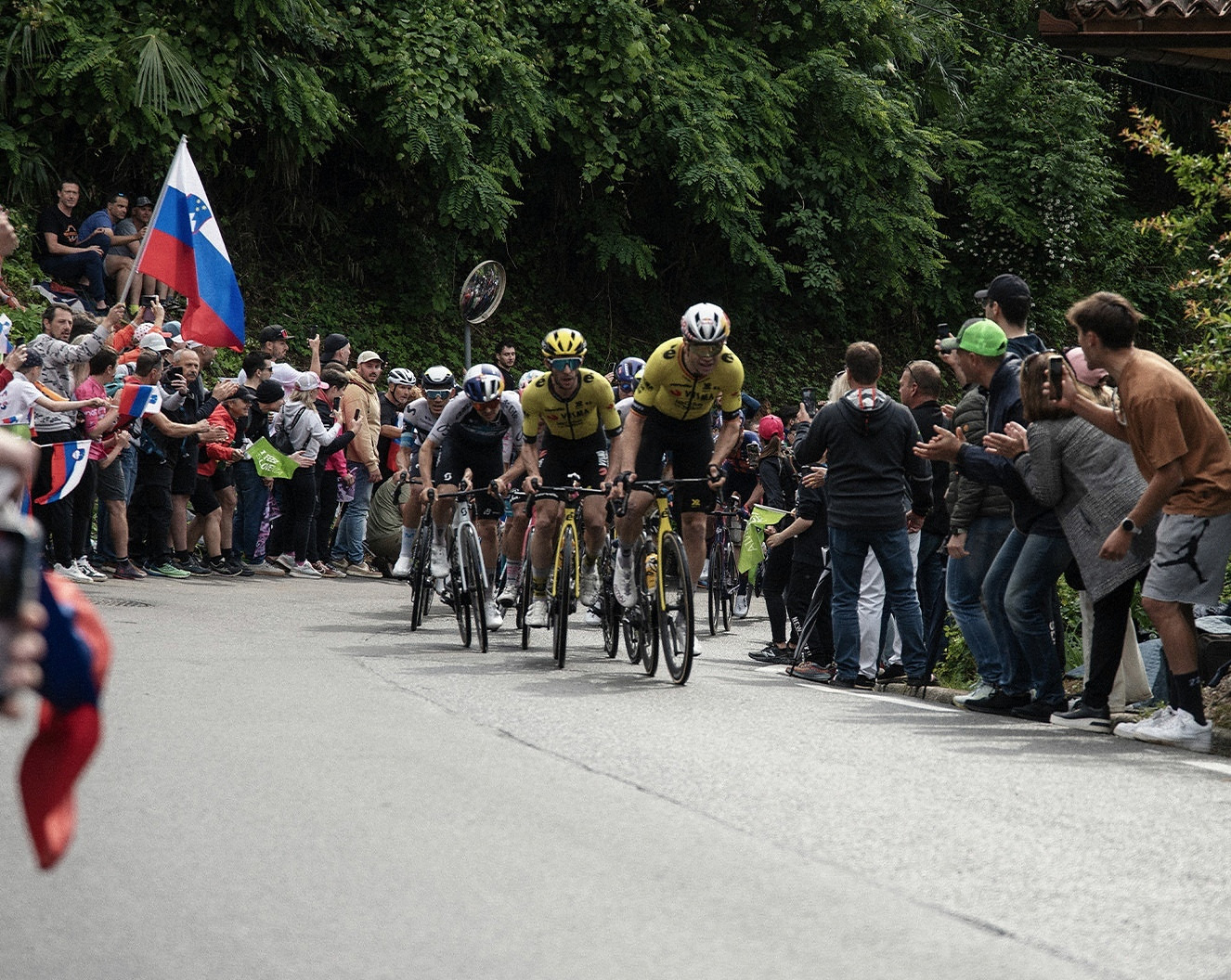 Road cycling peloton passing through spectators